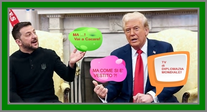 Potrebbe essere un'immagine raffigurante 2 persone, lo Studio Ovale e il seguente testo "S жAЛA MA...! ...! MA Vai VaiaCacare! a Cacare! MA COME SIE' MACOMESIE' MACOMESIE SI 5n' VESTITO ?! t di DIPLOMAZIA DIPL MONDIALE!"