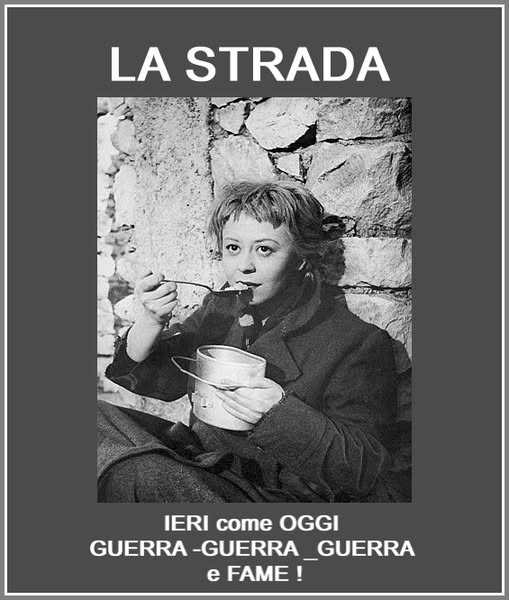 Potrebbe essere un meme raffigurante 1 persona, poster e il seguente testo "LA STRADA IERI come OGGI GUERRA -GUERRA RA-GUERRA_GUERRA GUERRA e FAME!"