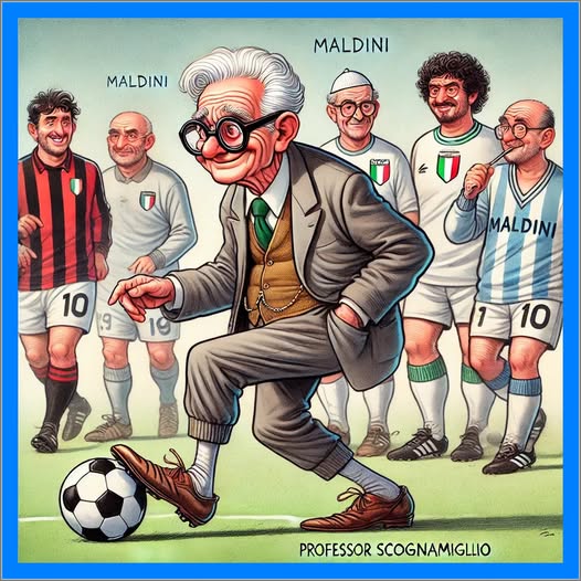 Potrebbe essere un contenuto di pop art raffigurante 3 persone, persone che giocano a calcio, persone che giocano a football e il seguente testo "MALDINI MALDINI 신백의 10 MALDINI 110 1 10 PROFESSOR SCOGNAMIGLLIO"
