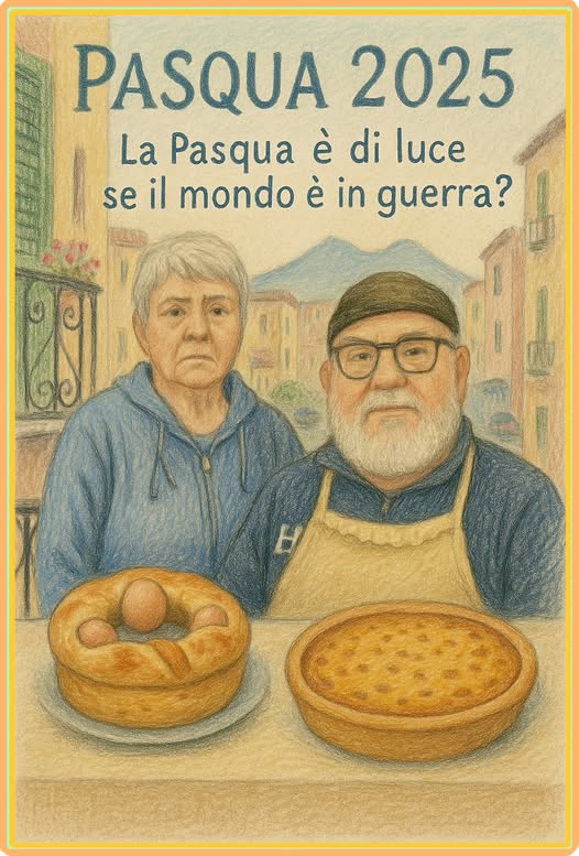 Potrebbe essere un'immagine raffigurante 2 persone e il seguente testo "PASQUA 2025 La Pasqua è di luce se il mondo è in guerra?"