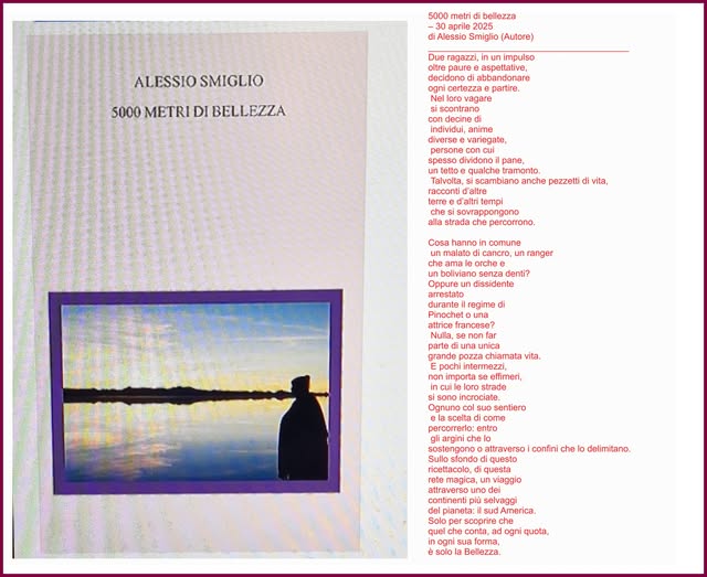 Potrebbe essere un contenuto grafico raffigurante il seguente testo "5000 metri bellezza 2025 diAlessio Smiglio (Autore) ALESSIO ALESSIOSMIGLIO SMIGLIO 5000 METRI DI BELLEZZA ragazzi, impulso aspettative, decidonod iabbandonare cerlezzae partire. vagare 3scontrano decine anime diverse variegate dividono pane, tetto qualche tramonta ambiano anche pezzetti di vita, racconti d'altre d'altrite sovrappong ppongono percorrono. hanno comune un ranger orchee boliviano denti? dissidente arrestato regime francese? pozza chiamata vita, strade scelta corne che engono attraverso confini che delimitano. questa magica, viaggio selvaggi pianeta: Amenca. scoprire che conta, ogni quota, sua forma, solo Bellezza."