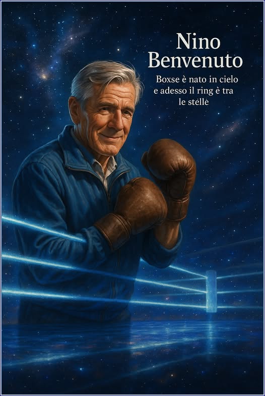 Potrebbe essere un disegno raffigurante 1 persona e il seguente testo "Nino Benvenuto Boxse Boxseènatoincielo è nato in cielo e adesso il ring è tra le stelle"