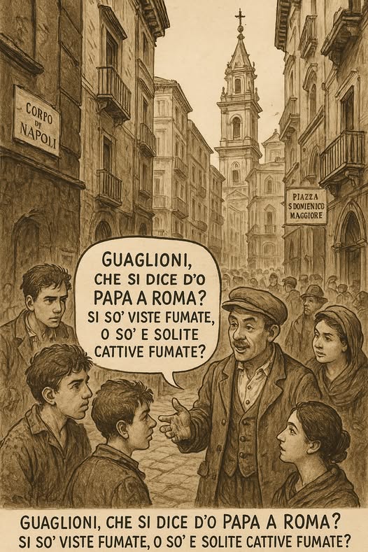 Potrebbe essere un'immagine raffigurante il seguente testo "CORPO NAPOLI PIAZZA SDOVIENICO MAGGIORE GUAGLIONI, CHE SI DICE D'O PAPA A ROMA? SISO' SI SO' VISTE FUMATE, 0 SO' E SOLITE CATTIVE FUMATE? GUAGLIONI, CHE SI DICE D'O PAPA A ROMA? SI SO' VISTE FUMATE, 0 SO' SO'E E SOLITE CATTIVE FUMATE?"