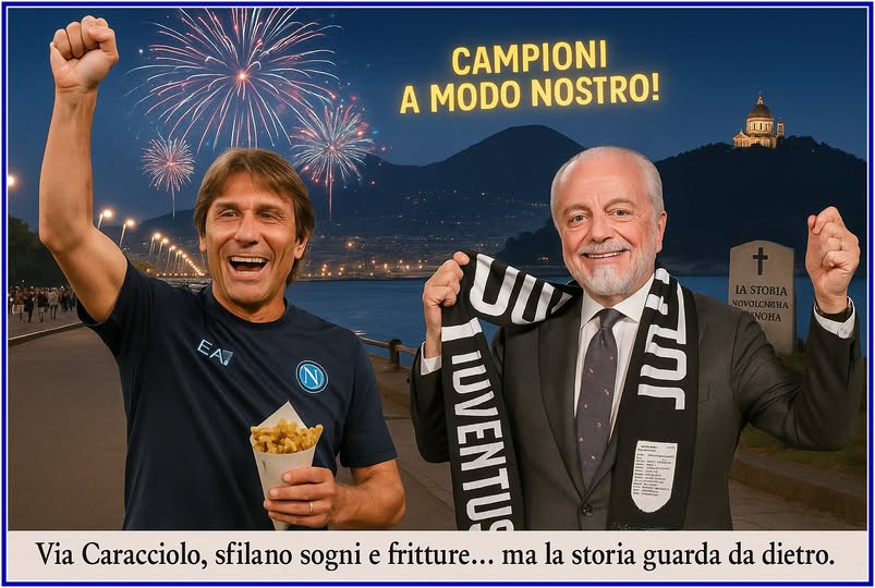 Potrebbe essere un'immagine raffigurante 2 persone e il seguente testo "CAMPIONI A MODO NOSTRO! ጠለማባክ p EAZ EA UU DA பட 重理し m Via Caracciolo, sfilano sogni e fritture... ma la storia guarda da dietro."