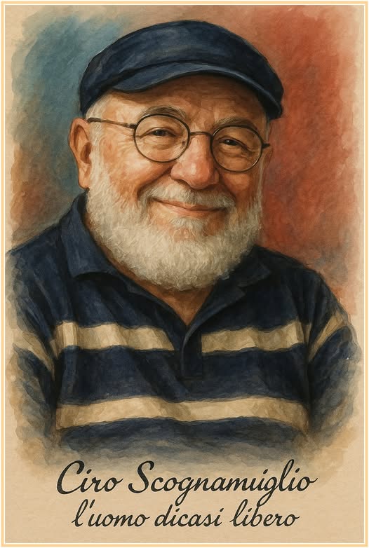 Potrebbe essere un'illustrazione raffigurante 1 persona e il seguente testo "健酒 黑水 Ciro Scognamiglio l'uomo como dicasi libero"