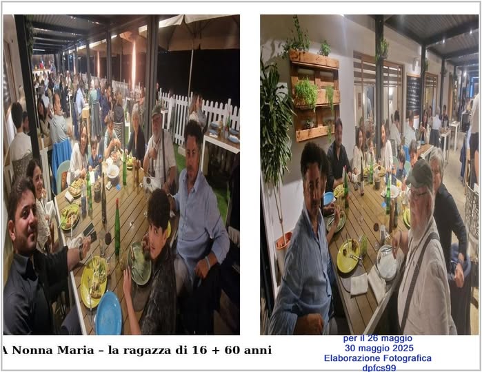 Potrebbe essere un'immagine raffigurante 8 persone e il seguente testo "A Nonna Maria NonaMaria-laragazadi16+60 - la ragazza di 16 60 anni per26maggio per 26 maggio 30 maggio 2025 Elaborazione Fotografica dpfcs99"