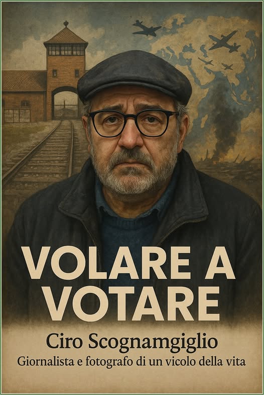 Potrebbe essere un'immagine raffigurante 1 persona e il seguente testo "VOLARE A VOTARE Ciro Scognamgiglio Giornalista e fotografo di un vicolo della vita"