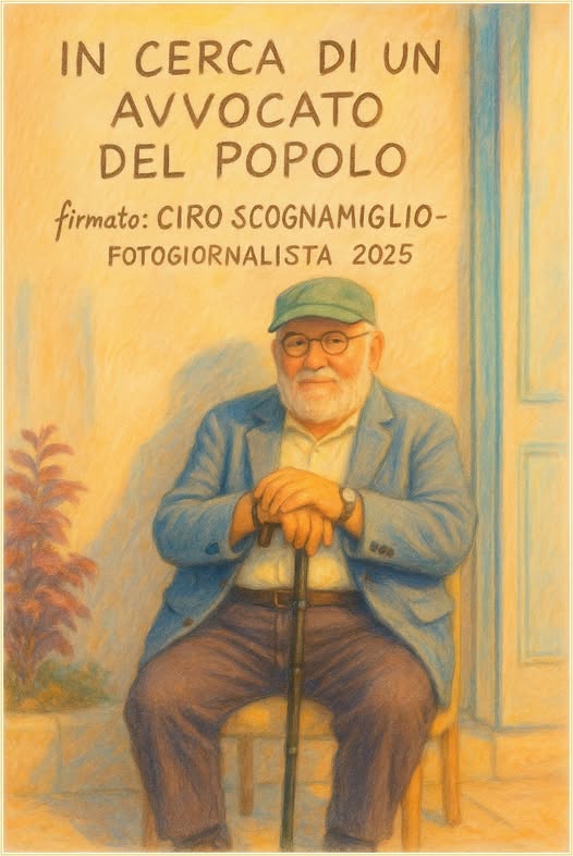 Potrebbe essere un'immagine raffigurante 1 persona e il seguente testo "IN CERCA DI UN AVVOCATO DEL POPOLO firmato: CIRO SCOGNAMIGLIO- FOTOGIORNALISTA 2025"