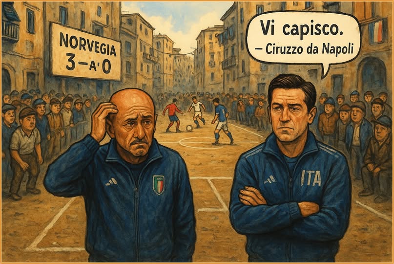 Potrebbe essere un contenuto di pop art raffigurante 2 persone e il seguente testo "Vi capisco. -Ciruzzo da Napoli NORVEGIA 3-A'0 3 ወኒይ R"