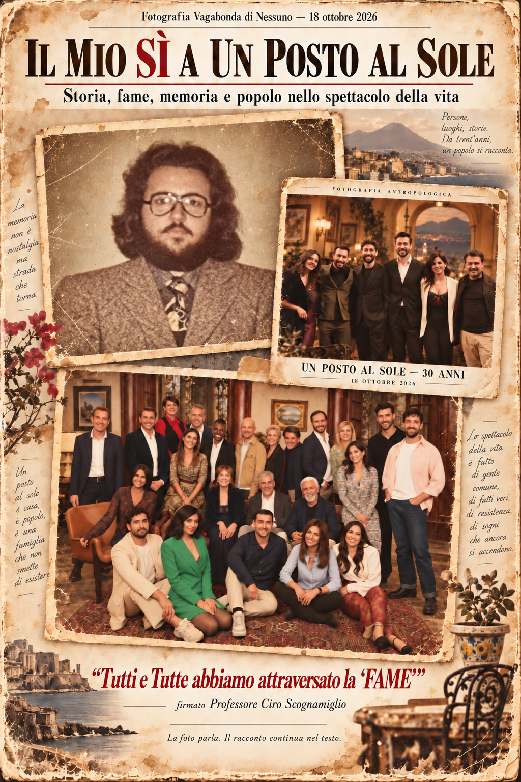 Collage Fotografia Vagabonda: Ciro Scognamiglio da giovane e immagini artisticamente rielaborate del cast di Un posto al sole