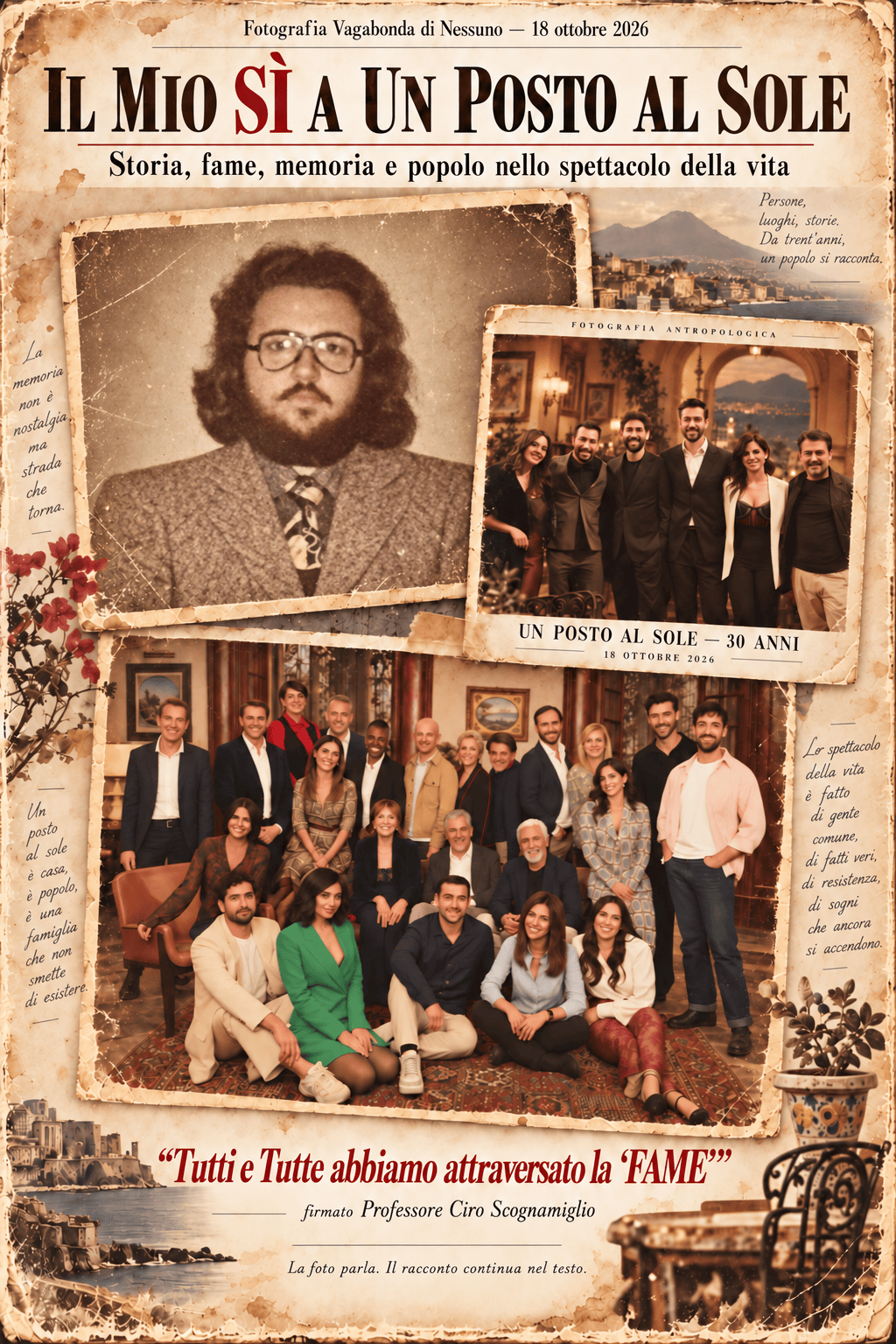 Collage artistico per COSTUMI con ritratto giovanile di Ciro Scognamiglio e immagini rielaborate del cast di Un posto al sole